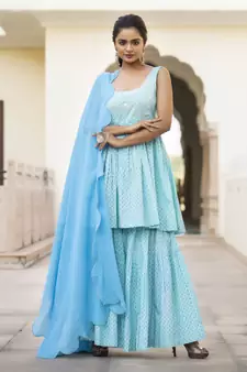Turquoise embroidered cotton kurta-suits