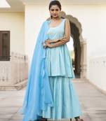 Turquoise embroidered cotton kurta-suits