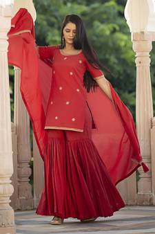 Red embroidered cotton kurta-suits