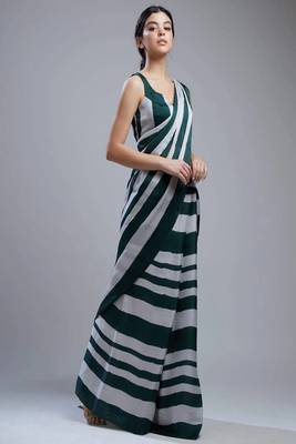 Dark Green Printed Satin Saree With Blouse 1