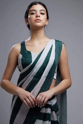 Dark Green Printed Satin Saree With Blouse 2