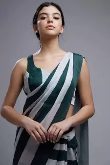 Dark Green Printed Satin Saree With Blouse