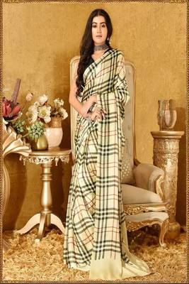 Cream Printed Satin Saree With Blouse 1