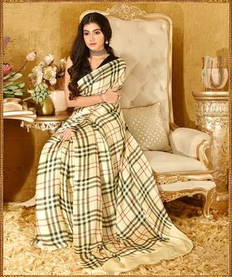 Cream Printed Satin Saree With Blouse 2