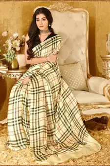 Cream Printed Satin Saree With Blouse
