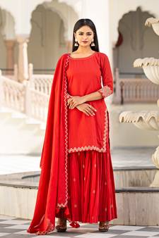 Red embroidered cotton kurta-suits