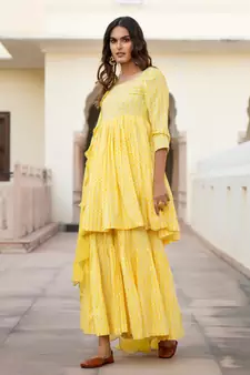 Yellow embroidered cotton kurta-suits