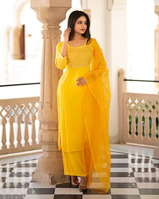 Yellow embroidered cotton kurta-suits 1