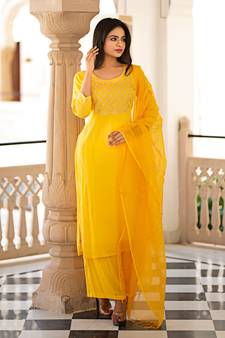 Yellow embroidered cotton kurta-suits