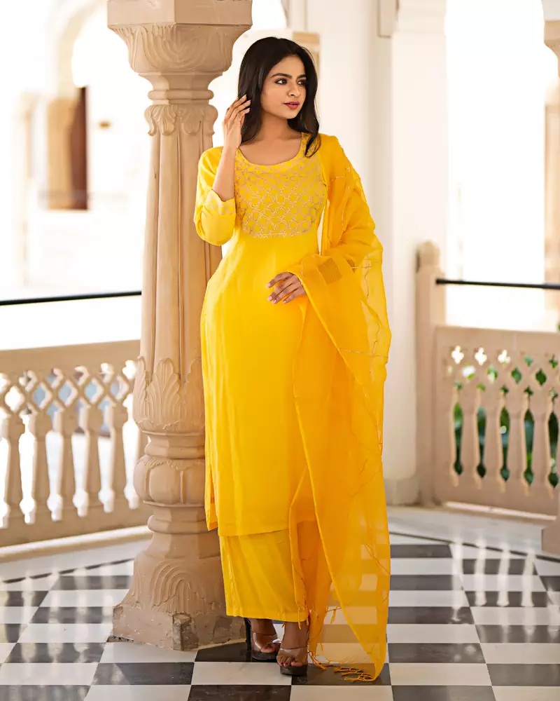 Yellow embroidered cotton kurta-suits