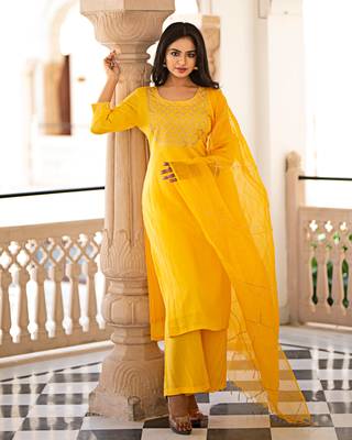Yellow embroidered cotton kurta-suits 3