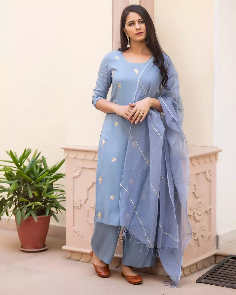 Blue embroidered cotton kurta-suits
