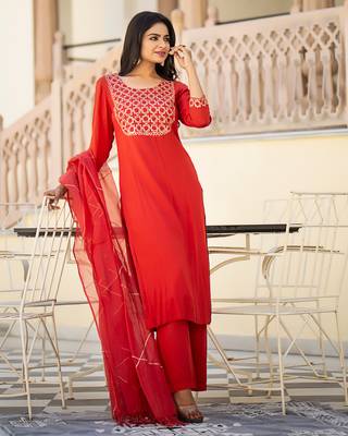 Red embroidered cotton kurta-suits 1