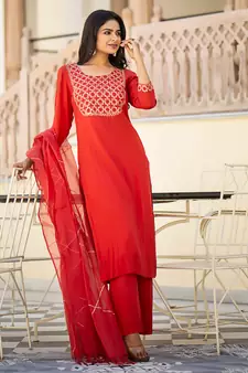 Red embroidered cotton kurta-suits
