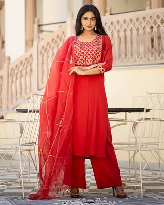 Red embroidered cotton kurta-suits 2