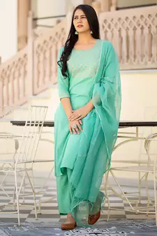 Green embroidered cotton kurta-suits