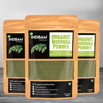 INDIBAM's 100% Pure Organic Moringa Powder, 100g Pouch, Super food for good skin, mind & body, Pesticides free. 1