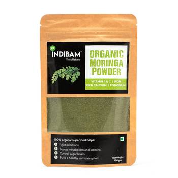 INDIBAM's 100% Pure Organic Moringa Powder, 100g Pouch, Super food for good skin, mind & body, Pesticides free. 2