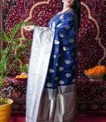 Blue hand woven linen saree with blouse
