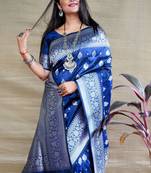 Blue hand woven banarasi silk saree with blouse