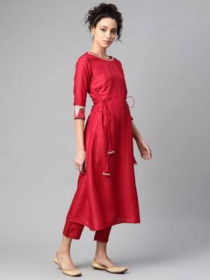 Indo Era Red Solid  A-line Kurtas 3