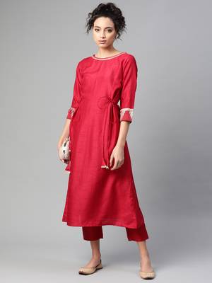 Indo Era Red Solid  A-line Kurtas 4