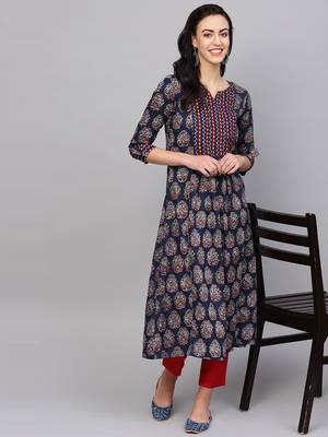 Indo Era Navy Blue Printed Anarkali Kurtas 1