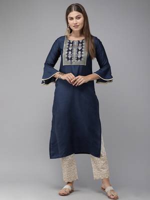 Indo Era Navy Blue Solid Straight Kurtas 1