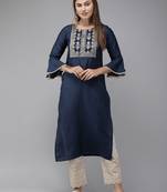 Indo Era Navy Blue Solid Straight Kurtas