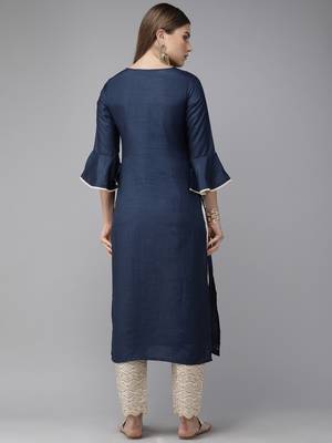 Indo Era Navy Blue Solid Straight Kurtas 2