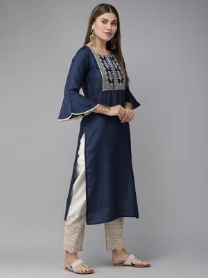 Indo Era Navy Blue Solid Straight Kurtas 3