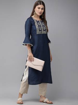 Indo Era Navy Blue Solid Straight Kurtas 4