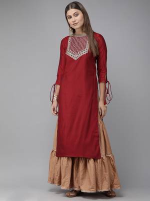 Indo Era Red Solid Straight Kurtas 1