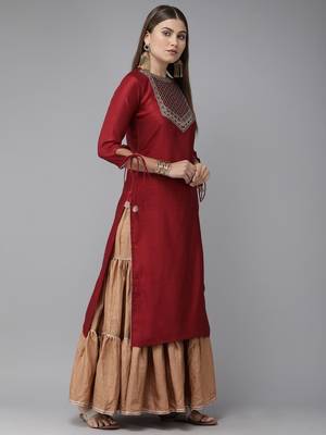 Indo Era Red Solid Straight Kurtas 3