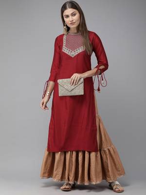 Indo Era Red Solid Straight Kurtas 4
