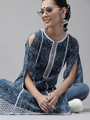 Indo Era Navy Blue Bandhani Foil Printed Straight Kurtas 1