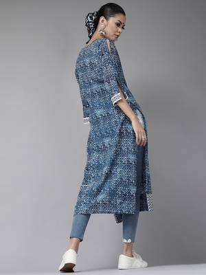 Indo Era Navy Blue Bandhani Foil Printed Straight Kurtas 2