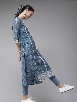 Indo Era Navy Blue Bandhani Foil Printed Straight Kurtas 3