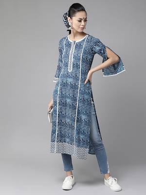 Indo Era Navy Blue Bandhani Foil Printed Straight Kurtas 4