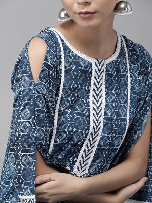 Indo Era Navy Blue Bandhani Foil Printed Straight Kurtas 5