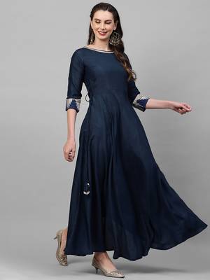 Indo Era Navy Blue Solid A-line Kurtas 3