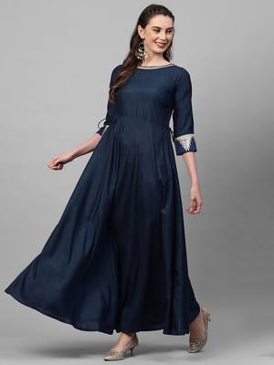 Indo Era Navy Blue Solid A-line Kurtas 4