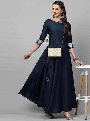 Indo Era Navy Blue Solid A-line Kurtas 5