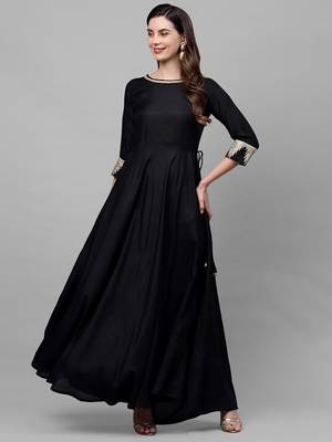 Indo Era Black Solid A-line Kurtas 5