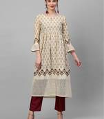 Indo Era Cream Foil Printed A-line Kurtas