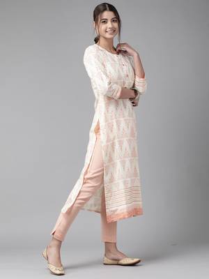 Indo Era Off White Foil Printed Straight Kurtas 3