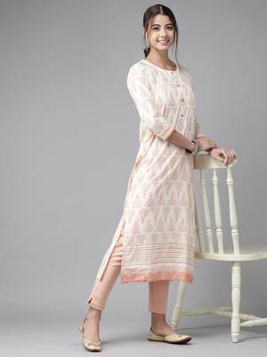 Indo Era Off White Foil Printed Straight Kurtas 4