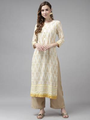 Indo Era Off White Foil Printed Straight Kurtas 1