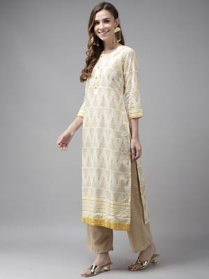 Indo Era Off White Foil Printed Straight Kurtas 3