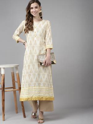 Indo Era Off White Foil Printed Straight Kurtas 4